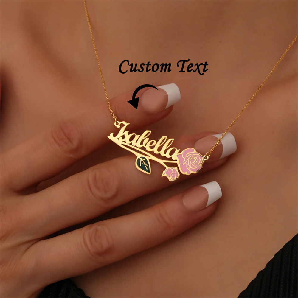 Engraved Name Necklace - Personalized Colorfuls Birth Flower Name Necklace