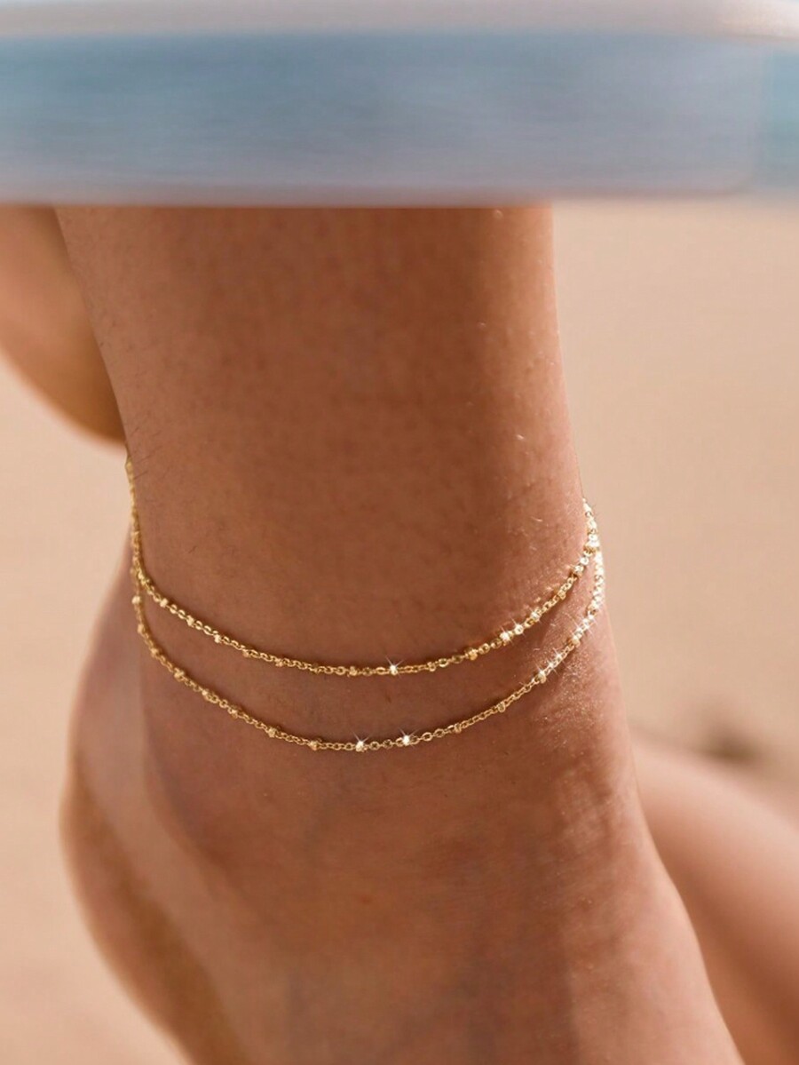 Anklet Foot Chain - 1pc Stainless Steel Double-Layered Stacked Anklet,