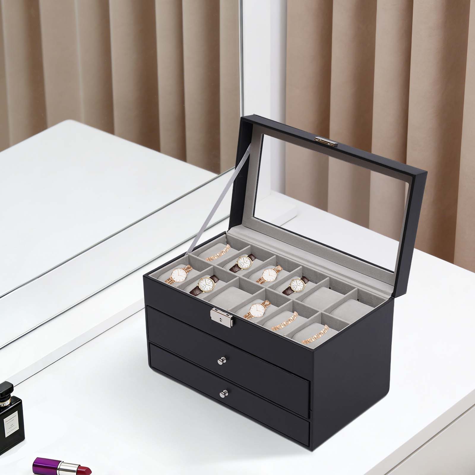 Jewelry Box Organizer Watches - 3-Tier Black Tabletop Storage Box 12