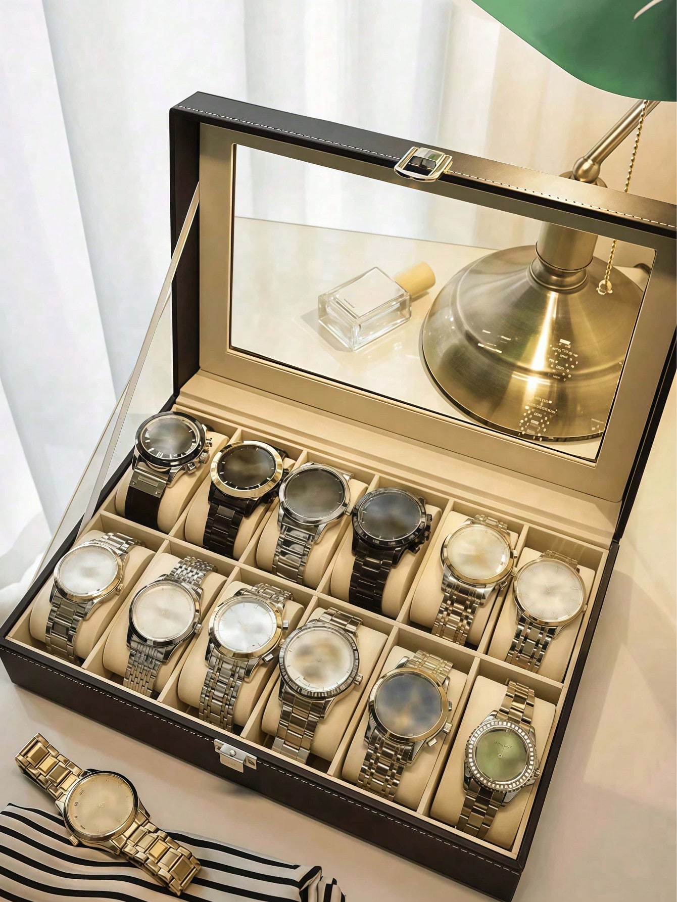 Leather Watch Box with Lock, L - Jewelry Box Organizer Watches 评论和价格