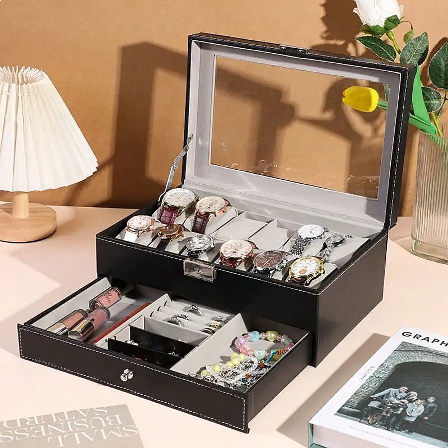 12-Slot Watch Box with Drawer, - Jewelry Box Organizer Watches 评论和价格