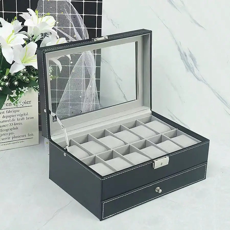 12-Slot Watch Box with Drawer, - Jewelry Box Organizer Watches 评论和价格